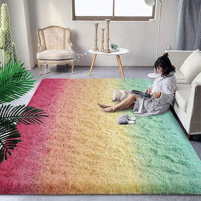 DweIke Luxury Fluffy Kids Rugs for Living Room Bedroom, 6x9 Large Shaggy Rainbow Pink Area Rug for Girls Boys, Upgrade Plush Non-Slip and Washable Colorful Fuzzy Carpet for Dorm Nursery Decor