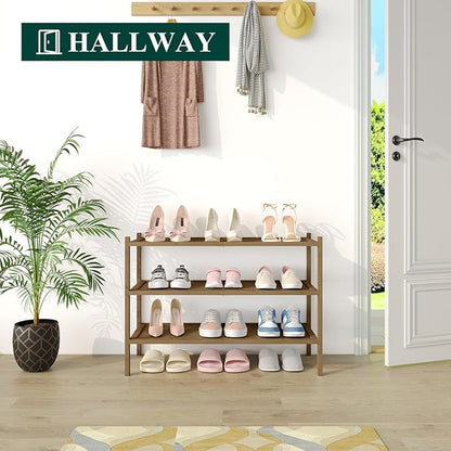 Smiry Bamboo Shoe Rack, 3 Tier Shoe Organizer for Entryway & Closet, Stackable Free Standing Storage Shelf for Shoes, Bags & Plants, Walnut