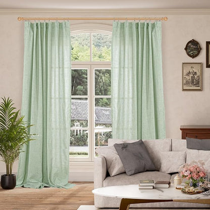 YoungsTex Sage Green Linen Curtains 95 Inch Length 2 Panels, Semi Sheer Drapes Light Filtering with Pinch Pleated for Living Room Bedroom Dining Back Tab Window Treatments, 40 X 95 Inch