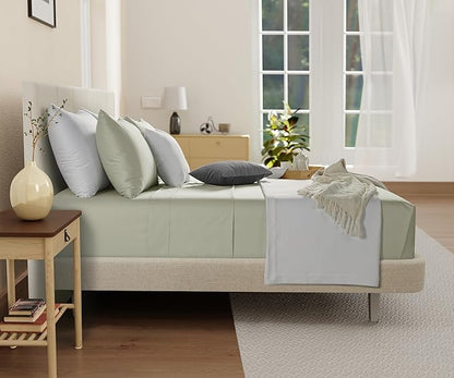 Deep Pocket Queen Sheets Set, Organic Cotton Sheets Queen Size Bed Set with Elasticated Fitted Sheet & Pillowcase Sets, Soft & Comfy 300 TC Sateen, No Pill & Shrink Luxury Bedding, Sage Green Sheet