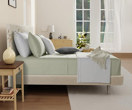 Deep Pocket Queen Sheets Set, Organic Cotton Sheets Queen Size Bed Set with Elasticated Fitted Sheet & Pillowcase Sets, Soft & Comfy 300 TC Sateen, No Pill & Shrink Luxury Bedding, Sage Green Sheet