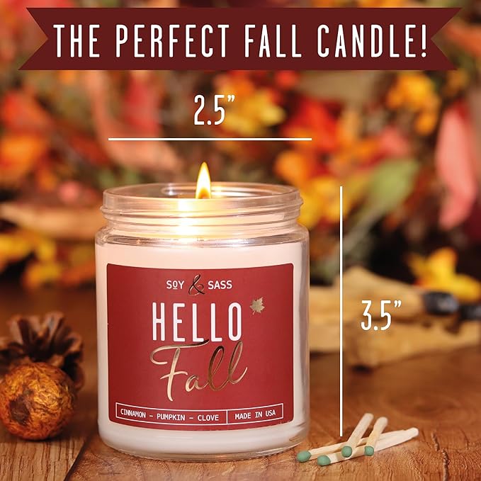 Fall Candles - 'Hello Fall Scented Candle' w/Cinnamon, Pumpkin & Fir I Infused with Essential Oils Autumn Scented Soy Candles for Home Décor, 9oz Reusable Jar, 50Hr Burn, Made in USA