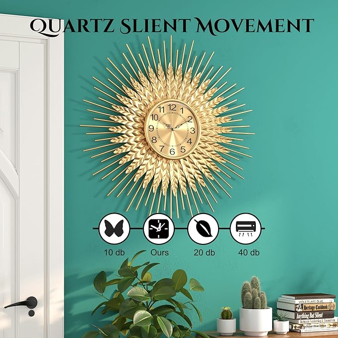 Large Mid Century Gold Wall Clock Decorative Modern Sunburst Wall Clocks, Metal Big Silent Non-Ticking Clock, Luxury Home Gift Decor for Living Room, Bedroom, Dining Room, 28 inch