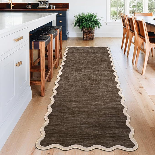 GarveeHome Scalloped Washable Runner Rugs 2x6 Rug Runner Modern Non Slip Kitchen Rugs Indoor Entryway Rug Farmhouse Soft Bath Mat Stain Resistant Carpet for Bedroom Hallway Laundry 2'x6' Dark Brown