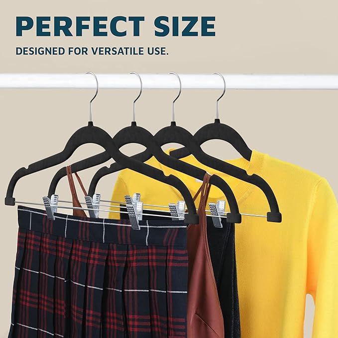 Velvet Skirt Hangers – with Adjustable Clips, 360 Degree Swivel Hook, and Non-Slip Shoulder Notch, Holds Up to 10 lbs, for Organizing Skirt, Pants, Dress, and Clothes, Pack of 30, Black