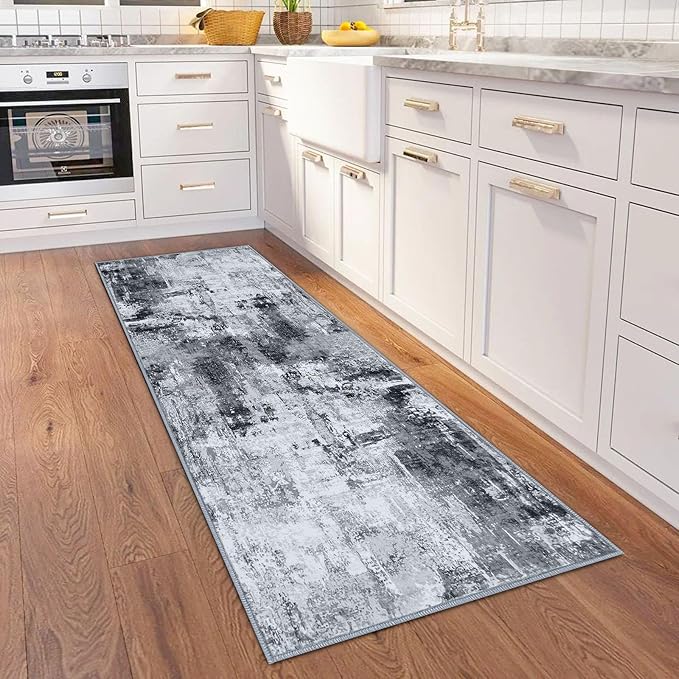 KOZYFLY Modern Abstract Runner Rug 2x6 Washable Grey/Black/Black Runners for Hallways Kitchen Runner Rug Non Slip Carpet Rug Runner Laundry Mat with Soft Low Pile for Entryway Bathroom Bedroom Kitchen