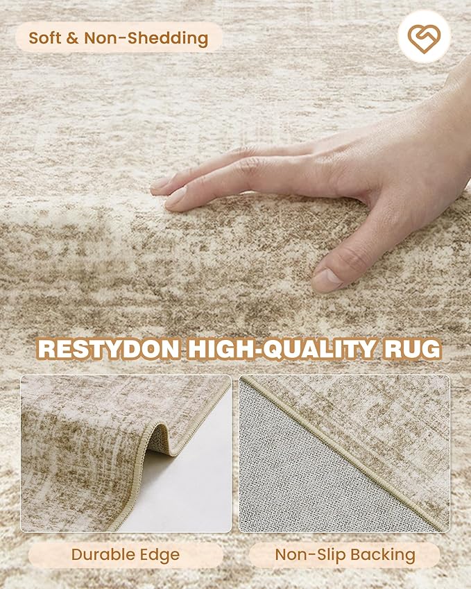 6x9 Rug for Living Room,Soft Low Pile Indoor Washable Rugs for Bedroom, Non-Slip Backing Vintage Large Area Rug, Printed Abstract Carpet(6'x9', Brown/Ivory)