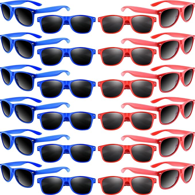 ASTARON 24 Pack Blue and Red Party Sunglasses Bulk Neon Party Favors for Beach Wedding Party Pool Party Supplies