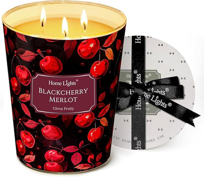 HomeLights Scented Candles | Large Jar 34 Oz Natural Soy Candle | 130 hrs Long-Lasting with 3 Wicks | Eclectic Mixed Styles Home Decor | Gifts for Mom & Women, Blackcherry Merlot