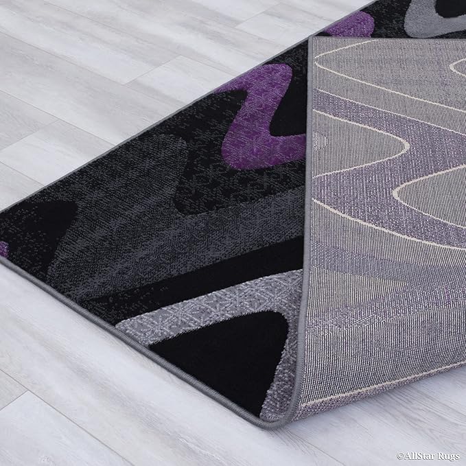 Allstar 8x10 Grey and Gainsboro Grey Modern and Contemporary Rectangular Accent Rug with Purple and Charcoal Grey Wavy Zigzag Design (7' 9" x 9' 8")