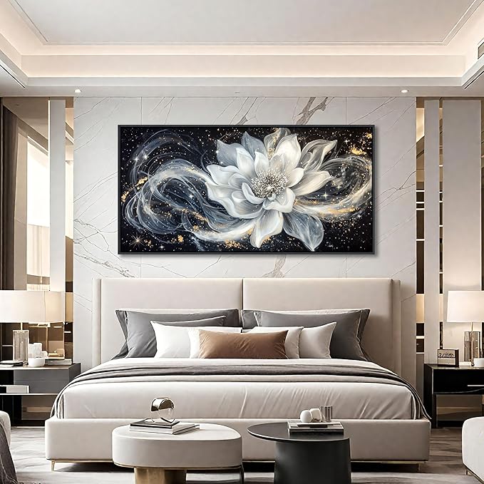 QZQCBLC Large Framed Wall Art, Black and White Lotus Wall Art Modern Abstract Flower Pictures Gold Silver Canvas Painting Artwork for Living room Bedroom kitchen Home Office Decor 29x58 IN