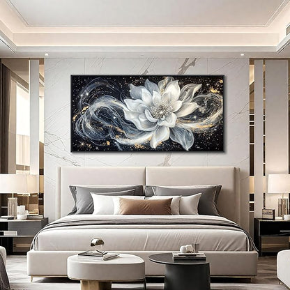 QZQCBLC Large Framed Wall Art, Black and White Lotus Wall Art Modern Abstract Flower Pictures Gold Silver Canvas Painting Artwork for Living room Bedroom kitchen Home Office Decor 29x58 IN