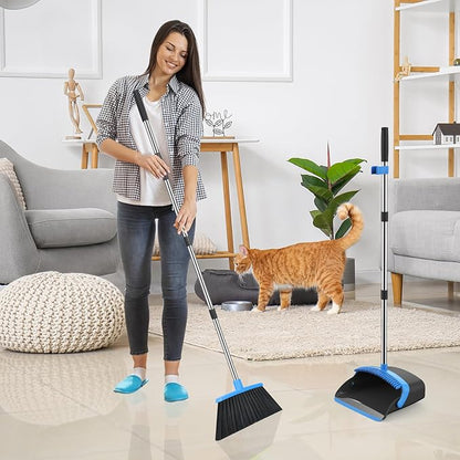 NACENA Broom and Dustpan Set, 52-in Long Adjustable Handle Broom Dustpan Combo with Dustpan Teeth to Automatically Clean Hair Suitable for Home Kitchen Office Hall Floor（Black&Blue）