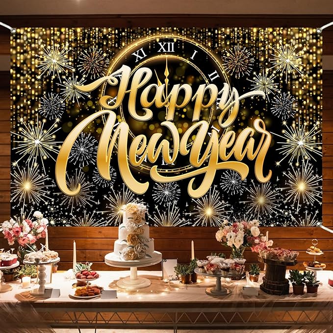 Gold Happy New Year Banner Backdrop Gold Clock Fireworks 2026 Happy New Year Decorations Sparkling Backdrop for NYE Party 2026 Countdown Decor 5.9×3.6 Ft (Polyester)