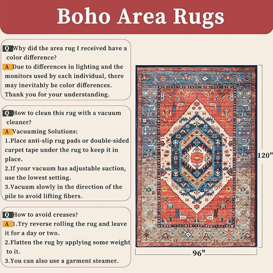 SERISSA Washable Rugs 8x10 Area Rugs, Large Non-Slip Boho Living Room Rust Rug, Ultra Soft Vintage Print Distressed Oriental Tribal Farmhouse Carpet for Dining Room Bedroom Dorm Office Home Decor