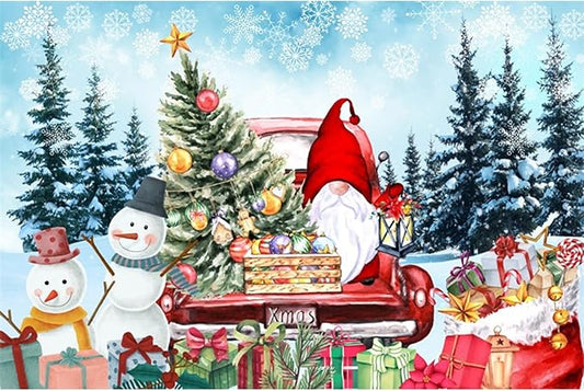 YongFoto Merry Christmas Backdrop 20x10ft Pine Forest Snowman Christmas Tree Red Car Gnome Photography Background New Year Xmas Eve Family Party Banner Room Decor Photoshoot Wallpaper Photo Booth