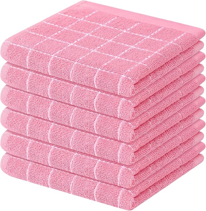 Mordimy 100% Cotton Terry Cloth Dish Cloths, Soft and Absorbent Checkered Dish Towels, Quick Drying Dish Rags for Washing Dishes, 6 Pack, 12 x 12 Inches, Pink