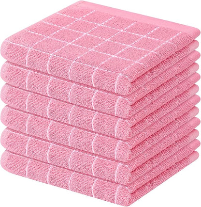 Mordimy 100% Cotton Terry Cloth Dish Cloths, Soft and Absorbent Checkered Dish Towels, Quick Drying Dish Rags for Washing Dishes, 6 Pack, 12 x 12 Inches, Pink