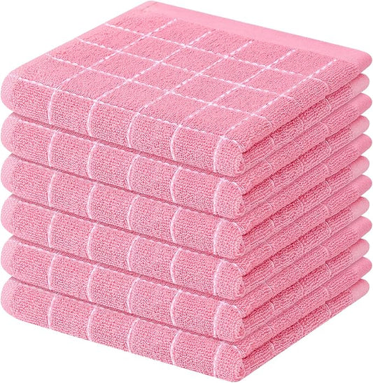 Mordimy 100% Cotton Terry Cloth Dish Cloths, Soft and Absorbent Checkered Dish Towels, Quick Drying Dish Rags for Washing Dishes, 6 Pack, 12 x 12 Inches, Pink