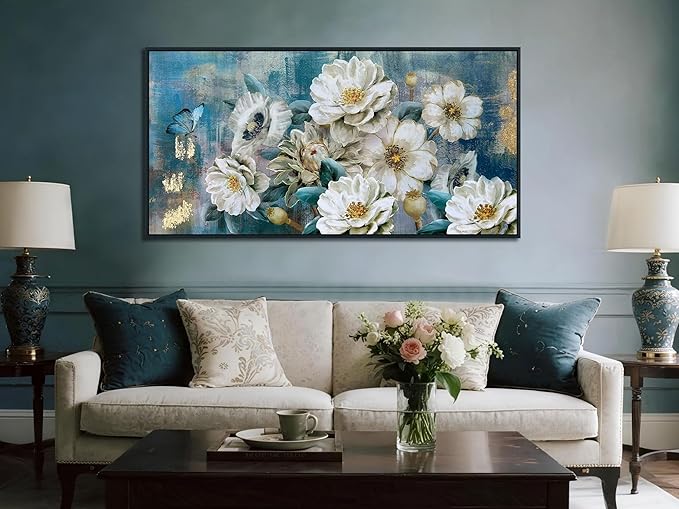 Arjun Large Black Framed Flower Canvas Wall Art for Living Room White Modern Painting for Bedroom Textured Gold Foil Turquoise Picture Floral Teal Artwork Bathroom Home Office Decor, 40"x20"
