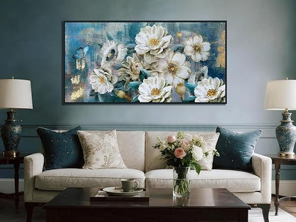 Arjun Large Black Framed Flower Canvas Wall Art for Living Room White Modern Painting for Bedroom Textured Gold Foil Turquoise Picture Floral Teal Artwork Bathroom Home Office Decor, 40"x20"