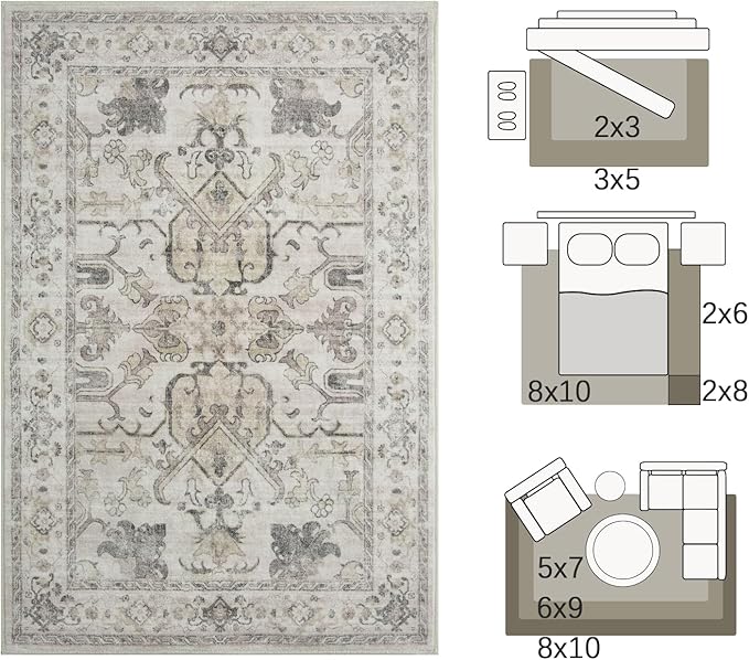 jinchan 4x6 Machine Washable Area Rugs Ultra-Thin Soft Throw Rug Low Pile Non-Slip Stain Resistant Distressed Vintage Floral Carpet for Bedroom,Living Room,Dining Room,Kitchen,Nursery(4x6ft,Taupe)