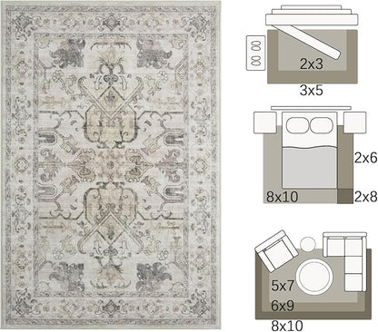 jinchan 4x6 Machine Washable Area Rugs Ultra-Thin Soft Throw Rug Low Pile Non-Slip Stain Resistant Distressed Vintage Floral Carpet for Bedroom,Living Room,Dining Room,Kitchen,Nursery(4x6ft,Taupe)