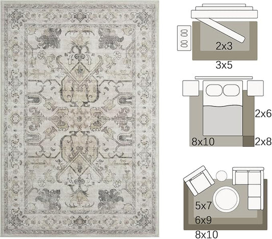 jinchan 2x3 Washable Rug for Entryway - Vintage Floral Ultra-Thin Low Pile Soft Small Non-Slip Distressed Indoor Doormat Accent Rug for Entrance Kitchen Bathroom Bedroom (2x3ft,Taupe)