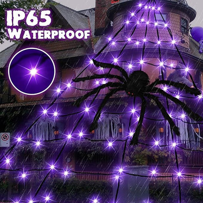 Halloween Decorations Outdoor, Halloween Spider Web Lights, 19.7FT 250 Purple LED Large Spiders Web with Plush Artificial Spider, 8 Light Modes Waterproof Lighted Decor for Yard, Haunted House
