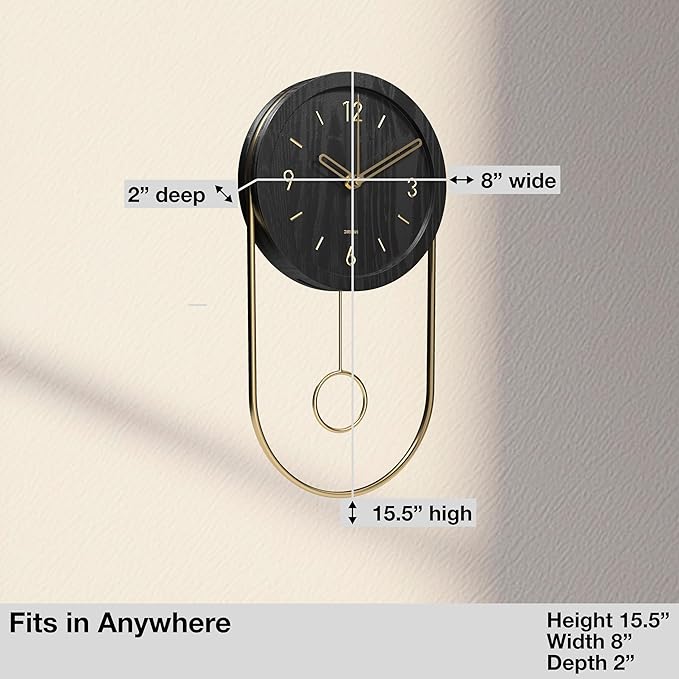 Driini Decorative Wall Clock with Pendulum (Black) – Modern Wood, 3D Gold Numbers, Metal Frame – Small, Unique Wall Clocks for Living Room Decor or Bathroom - Battery Operated, Silent, Non-Ticking