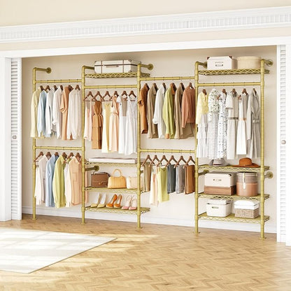 H4 Wall Mounted Closet System, Expandable Industrial Pipe Clothes Rack Clothing Rack for Hanging Clothes, Heavy Duty Closet Organizers and Storage in Wardrobe Closet - Gold