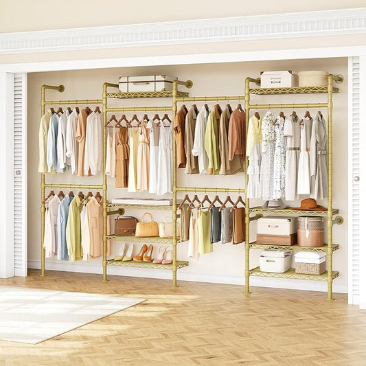 H4 Wall Mounted Closet System, Expandable Industrial Pipe Clothes Rack Clothing Rack for Hanging Clothes, Heavy Duty Closet Organizers and Storage in Wardrobe Closet - Gold