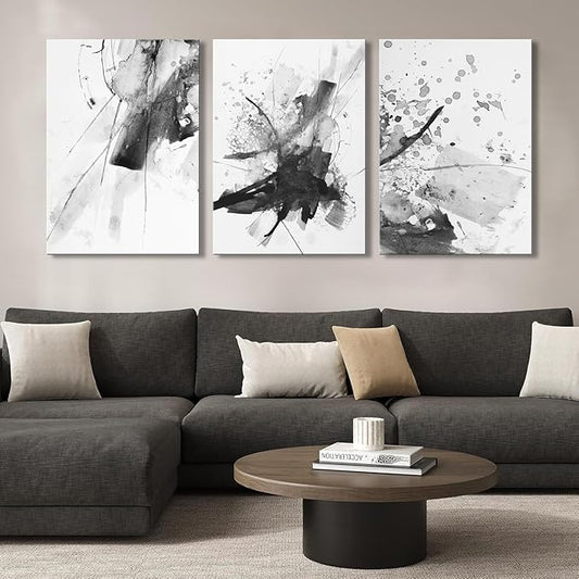 Abstract Black and White Wall Art Modern Artwork for Walls Ink Texture Painting Canvas Prints Watercolor Fluid Lines Pictures Framed Bedroom Office Living Room Bathroom Decorations 12"x16"x3