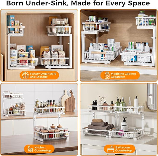 Under Sink Organizer,2 Pack 2 Tier Under Sink Organizers and Storage,Slide Out Pull Out Cabinet Organizer Shelf,Metal Sliding Drawer for Kitchen Bathroom Pantry Cabinet Closet Organization Rack White
