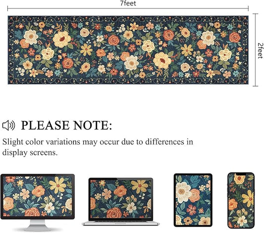 DUKINO Runner Rug, 2x7 Boho Kitchen Rug for Hallways with Low Pile Design, Washable Non Slip Backing Soft Floral Runner for Kitchen, Hallway, Entryway, Bedroom, Laundry, Navy Blue