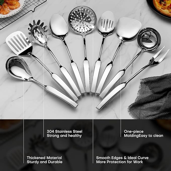 304 Stainless Steel Kitchen Utensils Set 9 Pcs Cooking Utensil Set, 15 Inches All Metal Cooking Tools Wok Kitchen Cookware Set with Spatula Useful Pots and Pans Accessories