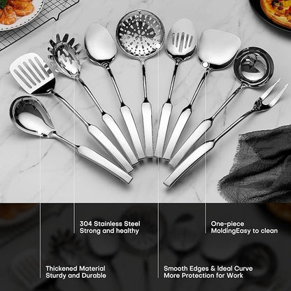 304 Stainless Steel Kitchen Utensils Set 9 Pcs Cooking Utensil Set, 15 Inches All Metal Cooking Tools Wok Kitchen Cookware Set with Spatula Useful Pots and Pans Accessories