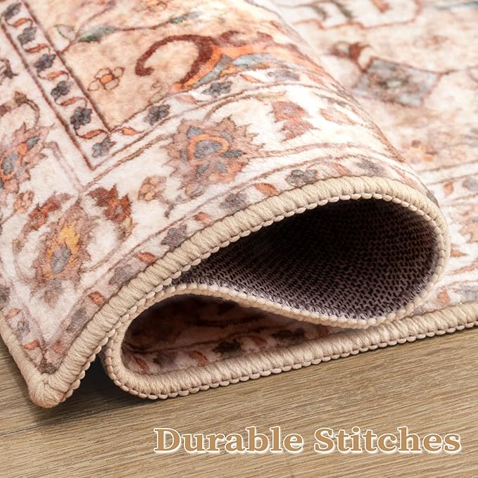 SERISSA 4x6 Boho Area Rug, Vintage Peach/Cream, Non-Slip, Machine Washable, Low-Pile, Rectangular