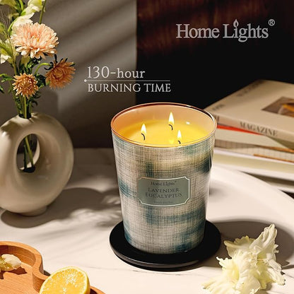 HomeLights Scented Candles | Large Jar 34 Oz Natural Soy Candle | 130 hrs Long-Lasting with 3 Wicks | Scandinavian Minimalist Design Home Decor | Gifts for Mom & Women, Lavender Eucalyptus