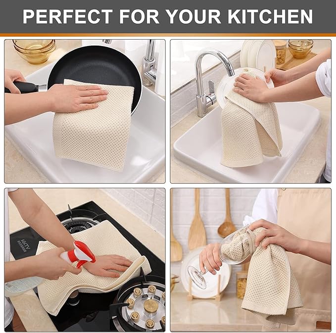 Kitinjoy 100% Cotton Waffle Weave Kitchen Towels, 12-Pack Super Soft and Absorbent Dish Towels for Drying Dishes, Kitchen Hand Towels, 13 in x 28 in, Beige