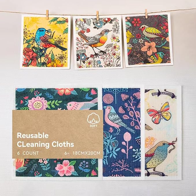 Swedish Dishcloths 6-Pack | Reusable Paper Towels Alternative | Super Absorbent & Biodegradable Kitchen Sponges & Cloths for Cleaning | 6 Vibrant Patterns (Floral and Bird Patterns)