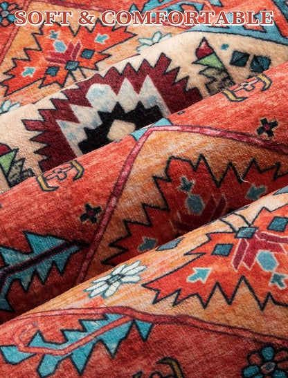 SERISSA Boho Washable Runner Rug, 2'6"x8' Rug Runner Non-Slip Vintage Orange Hallway Kitchen Runner Rug Ultra Soft Print Distressed Tribal Floor Carpet Runner for Bedroom Bathroom Laundry Room