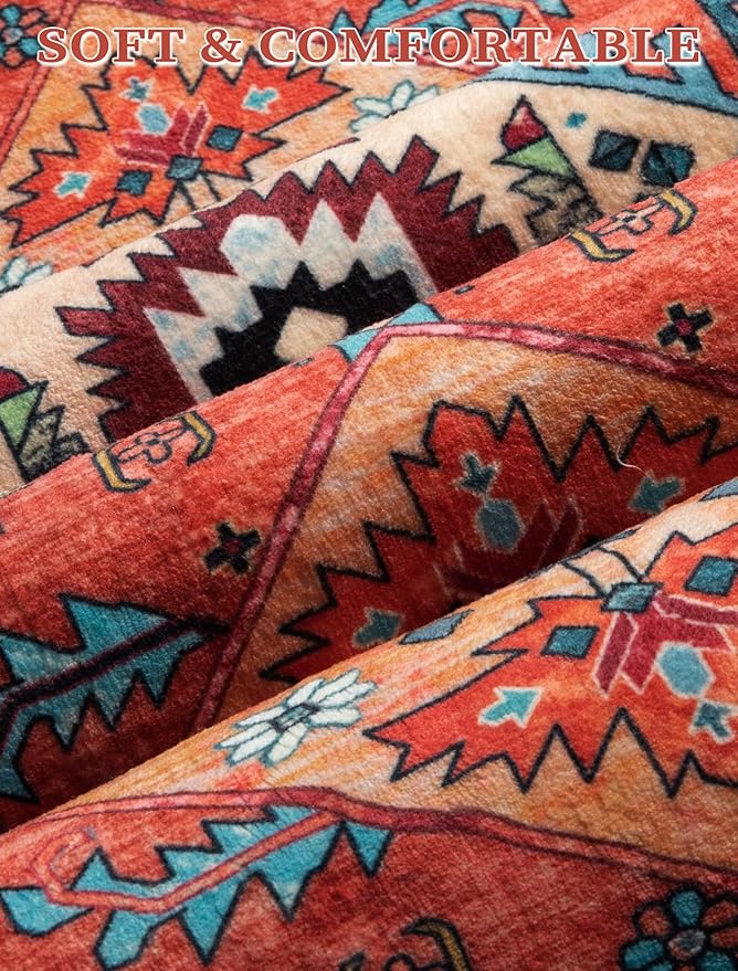 SERISSA Boho Kitchen Runner Rug, 3x7 Washable Non-Slip Runner Rug for Hallways Kitchen Rug, Ultra Soft Vintage Orange Print Distressed Tribal Floor Carpet Runner for Bedroom Entryway Laundry Room