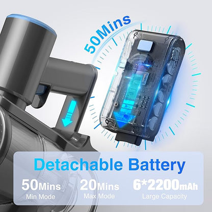Zefiro Cordless Vacuum Cleaner for Home,450W /40Kpa Stick Vacuum with 50Mins Working Time, Anti-Tangle 1.5L Dust Cup, Rechargeable Wireless Handheld Vacuum for Pet Hair/Carpet/Floor,C10