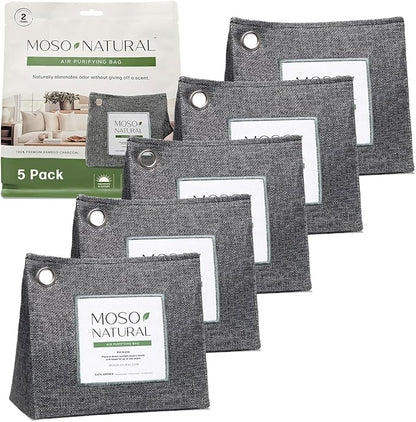 Moso Natural Air Purifying Bag 600g (21oz) Premium Bamboo Charcoal Odor Absorber | Room Deodorizer for Large Spaces, Bedroom, Kitchen, Basement | Pet Odor Eliminator for Home | Unscented (5 Pack)