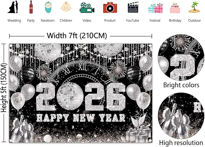 Happy New Year 2026 Black Silver Backdrop 2026 New Year Eve Countdown Photo Background Cheer to 2026 Party Decoration Banner Photo Supplies