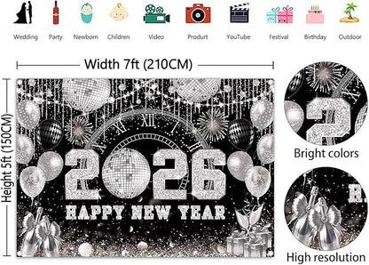 Happy New Year 2026 Black Silver Backdrop 2026 New Year Eve Countdown Photo Background Cheer to 2026 Party Decoration Banner Photo Supplies
