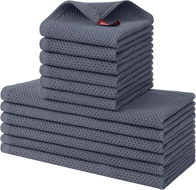 Kitinjoy 100% Cotton Kitchen Towels and Dishcloths Set, 12 Pack Waffle Weave Dish Towels Ultra Soft Absorbent Quick Drying Dish Rags, 13 x 28 Inch and 12 X 12 Inch, Dark Grey