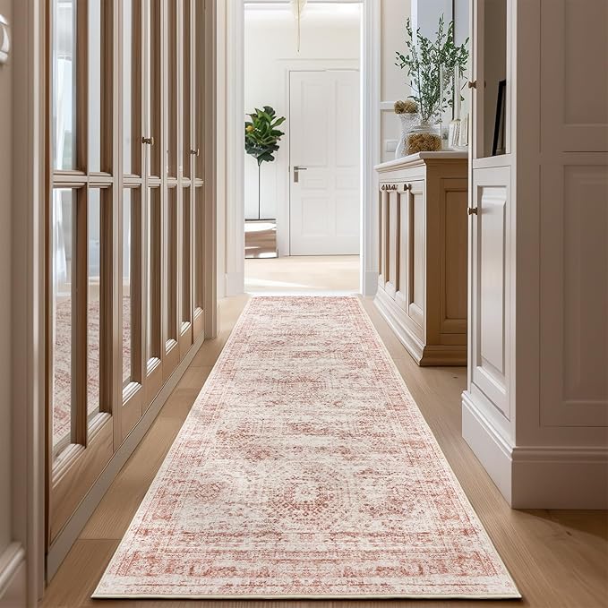 Long Bathroom Rugs Runner - Washable Runner Rugs for Hallway 2x10, Ultra-Thin Soft Kitchen Carpet Runner, Anti Slip Backing Runner Rugs for Entrance, Bedroom, Living Room(2'x10', Pink/Ivory)
