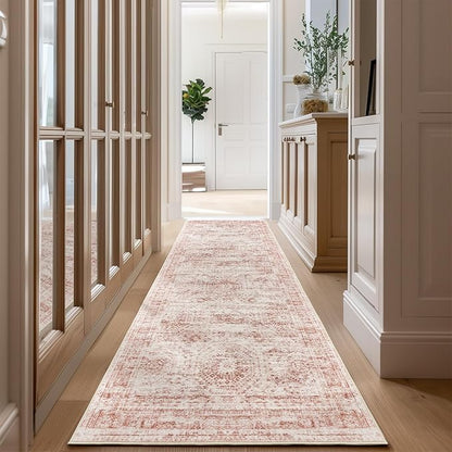 Long Bathroom Rugs Runner - Washable Runner Rugs for Hallway 2x10, Ultra-Thin Soft Kitchen Carpet Runner, Anti Slip Backing Runner Rugs for Entrance, Bedroom, Living Room(2'x10', Pink/Ivory)